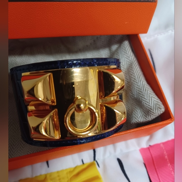 Authentic Hermes Collier de Chien Mississippi Blue Croc Alligator Cuff - Picture 9 of 16